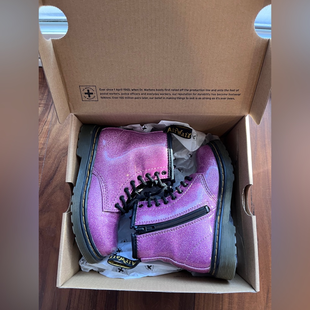 Dr. martens pink glitter combat boots for toddler girl